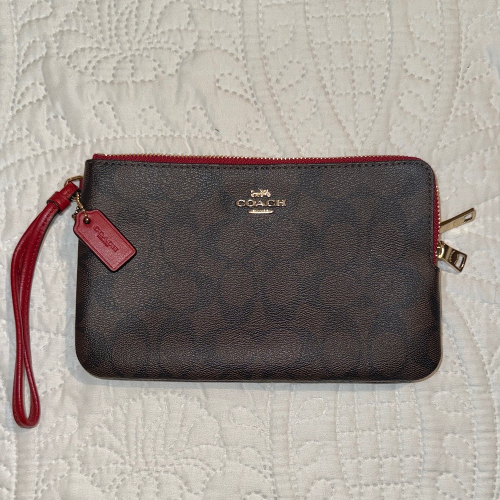 Authentic Coach Signature Brown and Red Wristlet